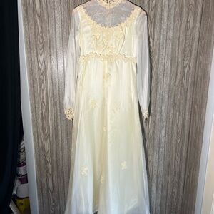 Vintage 70’s Ivory Cream Beaded Lace Sheer Bodice High Neck Maxi Wedding Gown